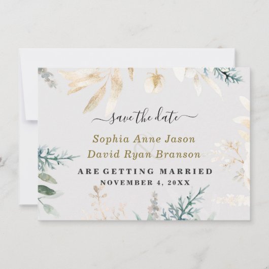 Elegant Greenery Gold Blätter Hochzeitkalligraphie Save The Date (Vorderseite)