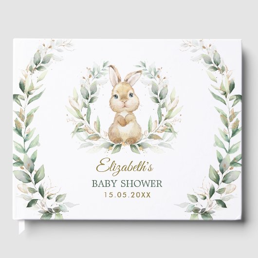 Elegant Greenery Gold Bunny Rabbit Baby Shower Gästebuch (Vorderseite)