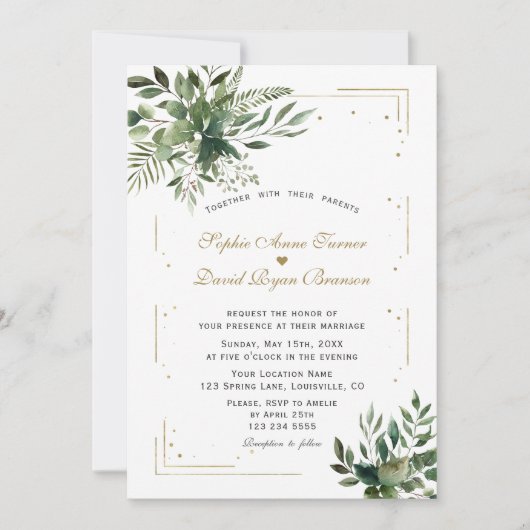 Elegant Greenery Gold Confetti Wedding Einladung (Vorderseite)