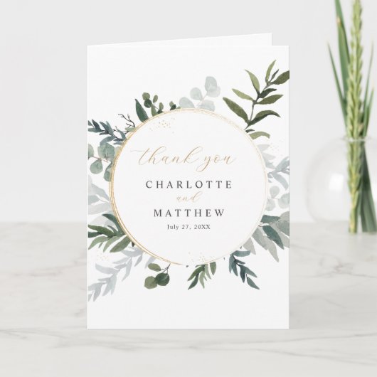 Elegant Greenery Gold Dankeskarte (Vorderseite)