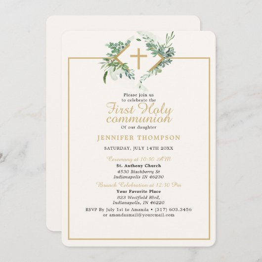 Elegant Greenery Gold Erstkommunion Einladung (Vorne/Hinten)