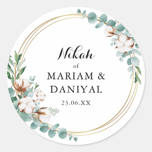 Elegant Greenery Gold Floral Muslim Wedding Runder Aufkleber (Vorderseite)