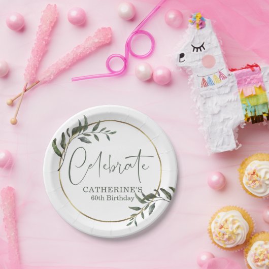 Elegant Greenery Gold Foil Celebrate Script Pappteller (Party)