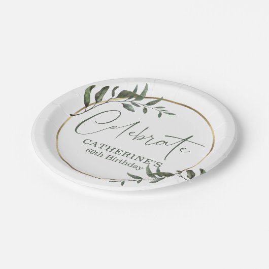 Elegant Greenery Gold Foil Celebrate Script Pappteller (Schrägansicht)