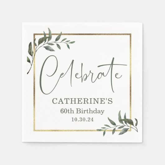 Elegant Greenery Gold Foil Celebrate Script Serviette (Vorderseite)