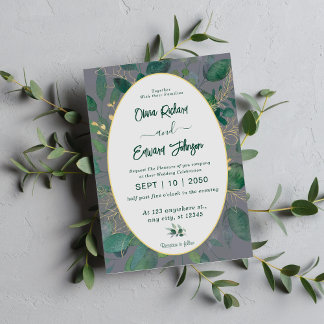 Elegant Greenery Gold Geometric Frame Gray Wedding Einladung