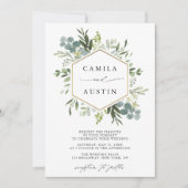 Elegant Greenery Gold Hexagon Wedding Einladung (Vorderseite)
