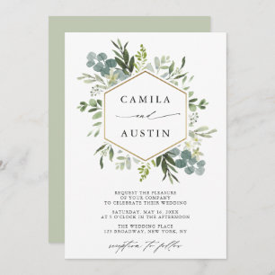 Elegant Greenery Gold Hexagon Wedding Einladung