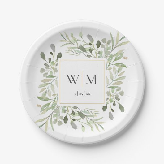 Elegant Greenery Gold Monogram Wedding Pappteller (Vorderseite)