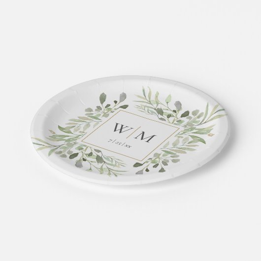 Elegant Greenery Gold Monogram Wedding Pappteller (Schrägansicht)