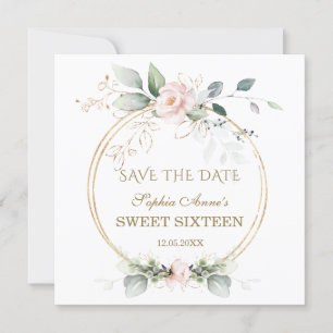 Elegant Greenery Gold Pink Floral 16 . Geburtstag Save The Date
