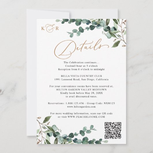 Elegant Greenery Gold QR Code All-in-One Wedding Einladung (Rückseite)