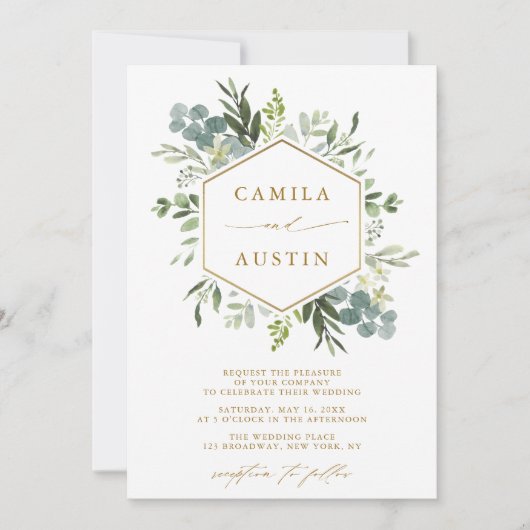 Elegant Greenery Gold Script Hexagon Wedding Einladung (Vorderseite)