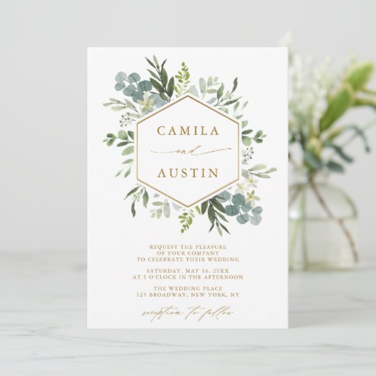 Elegant Greenery Gold Script Hexagon Wedding Einladung (Stehend Vorderseite)