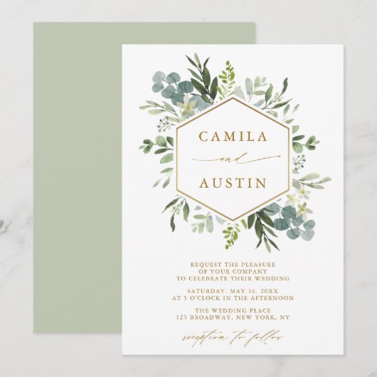 Elegant Greenery Gold Script Hexagon Wedding Einladung (Vorne/Hinten)