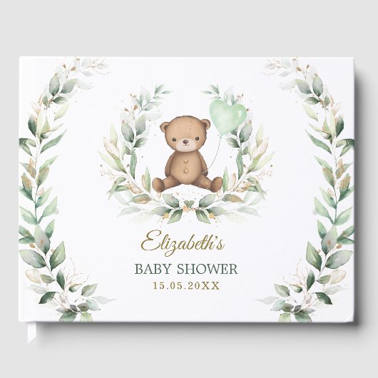 Elegant Greenery Gold Teddy Bear Baby Shower Gästebuch (Vorderseite)