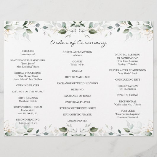 Elegant Greenery Gold Tri+Fold Hochzeitsprogramm (Hinten)