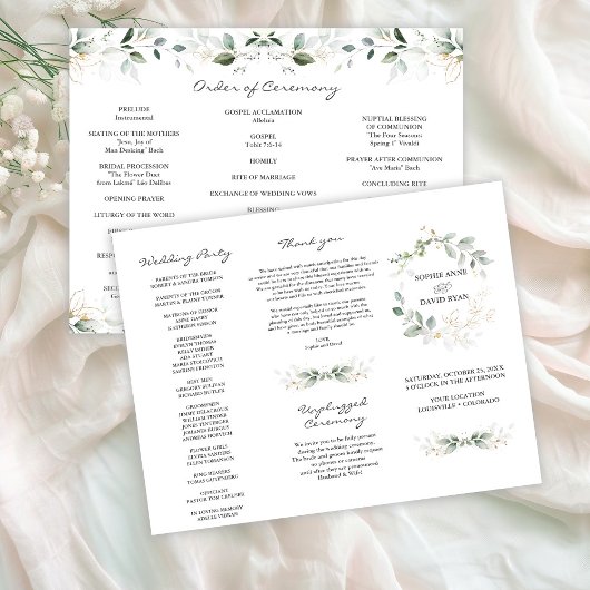 Elegant Greenery Gold Tri+Fold Hochzeitsprogramm