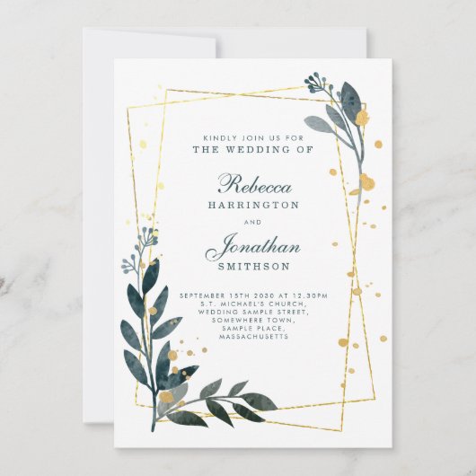 Elegant Greenery Gold Wedding RSVP Einladung (Vorderseite)