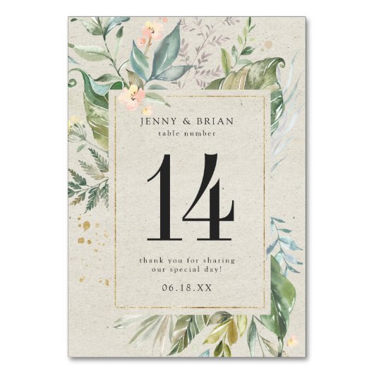 Elegant Greenery Gold Wedding Tischnummer (Rückseite)