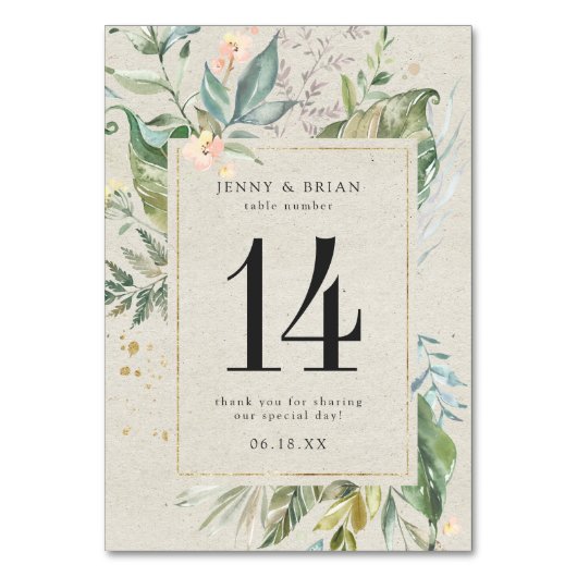 Elegant Greenery Gold Wedding Tischnummer (Vorderseite)