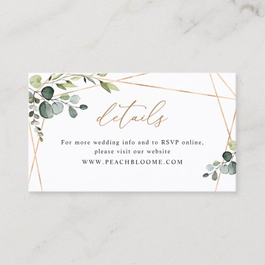 Elegant Greenery Gold Wedding Website Details Card Visitenkarte (Vorderseite)