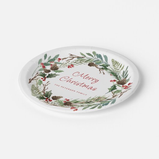 Elegant Greenery Holly Berry Wreath | Skript Pappteller (Schrägansicht)