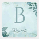 Elegant Greenery Initial Square Sticker (Vorderseite)