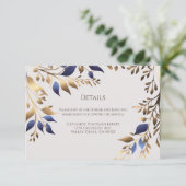 Elegant Greenery Leaf Blue Gold Wedding Begleitkarte (Stehend Vorderseite)