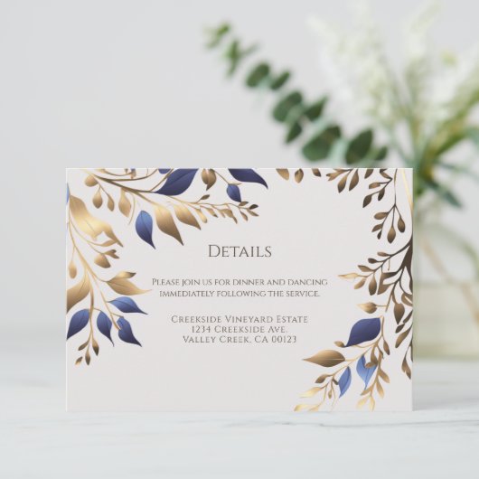 Elegant Greenery Leaf Blue Gold Wedding Begleitkarte (Stehend Vorderseite)