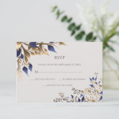 Elegant Greenery Leaf Blue Gold Wedding RSVP Karte (Stehend Vorderseite)