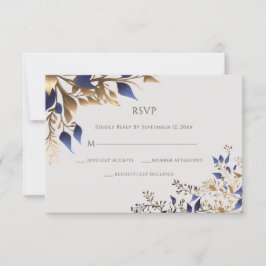 Elegant Greenery Leaf Blue Gold Wedding RSVP Karte