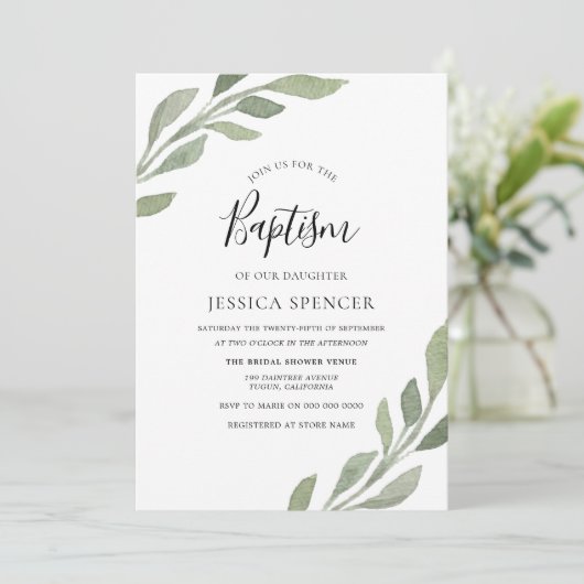 Elegant Greenery Leaf Boy oder Girl Baptism Einlad Einladung (Stehend Vorderseite)