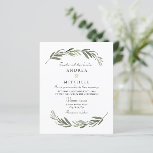 Elegant Greenery Leaf Budget Wedding Einladung (Stehend Vorderseite)
