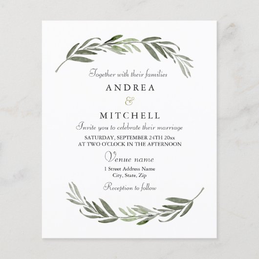 Elegant Greenery Leaf Budget Wedding Einladung (Vorderseite)