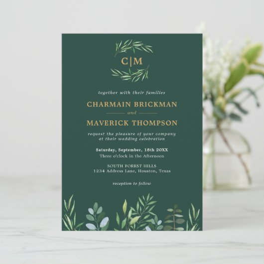 Elegant Greenery Leaf Monogram Wedding Einladung (Stehend Vorderseite)