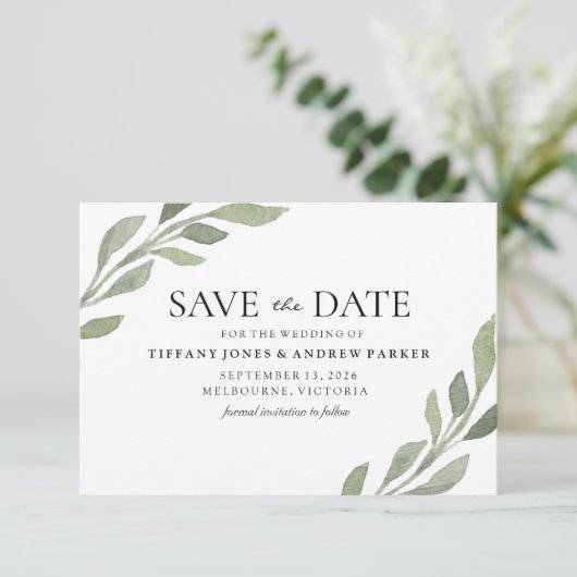 Elegant Greenery Leaf Wedding speichern das Datum Save The Date (Stehend Vorderseite)
