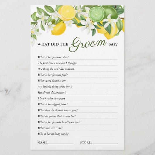 Elegant Greenery Lemon Brautparty Game (Vorderseite)