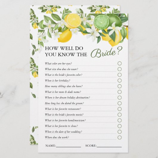 Elegant Greenery Lemon Brautparty Game (Vorne/Hinten)