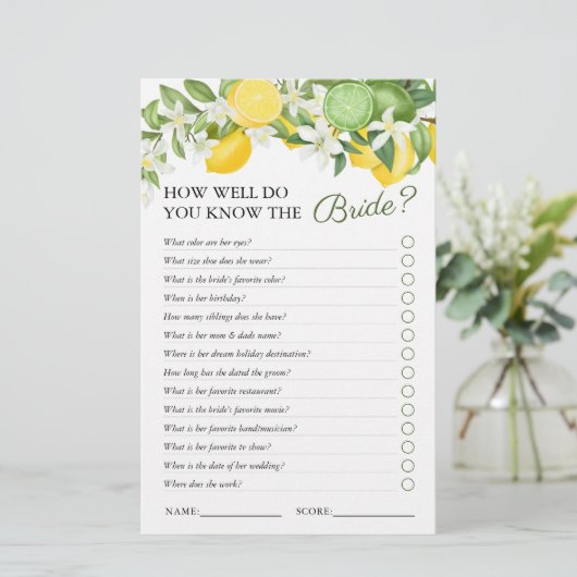 Elegant Greenery Lemon Brautparty Game (Stehend Vorderseite)