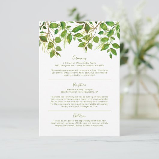 Elegant Greenery Meadow Hochzeitsinformationen Begleitkarte (Stehend Vorderseite)