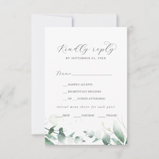 Elegant Greenery Menü Auswahl RSVP Karte (Vorderseite)