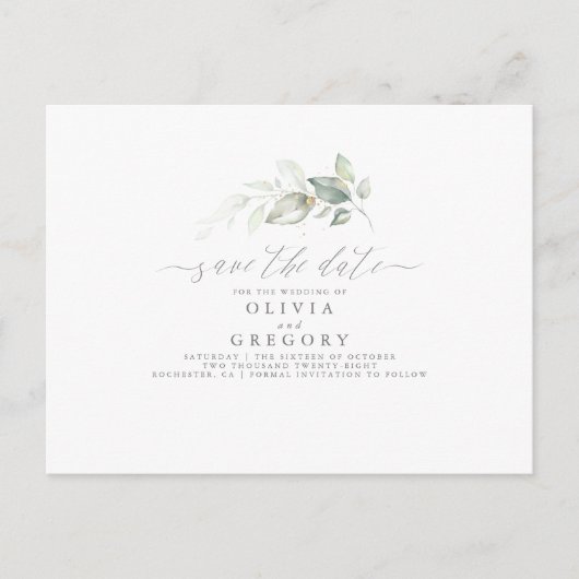 Elegant Greenery Minimal Save the Date Ankündigungspostkarte (Vorderseite)