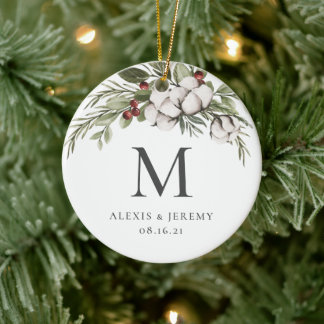 Elegant Greenery Monogram Christmas Ornament