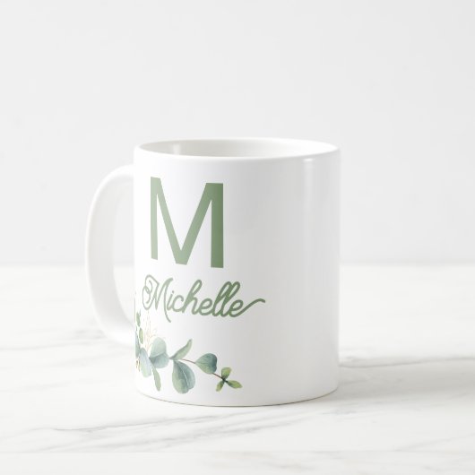 Elegant Greenery Monogram Individuelle Name and In Kaffeetasse (Vorderseite Links)