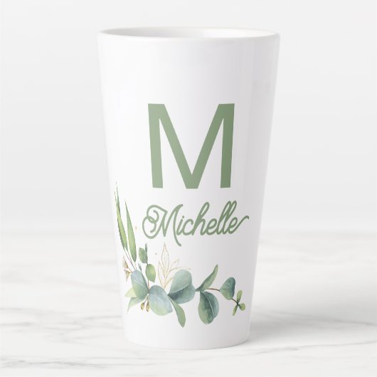 Elegant Greenery Monogram Individuelle Name and In Milchtasse (Vorderseite)