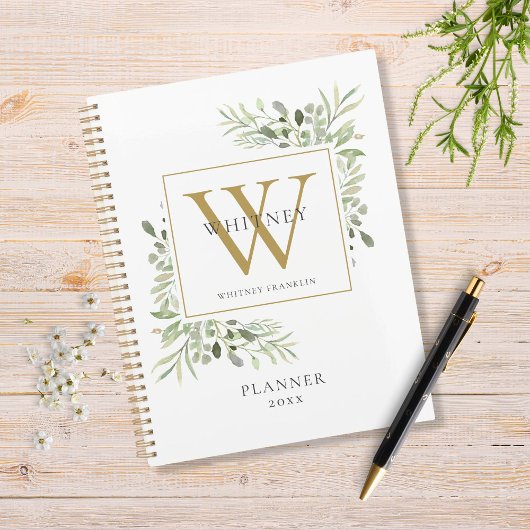 Elegant Greenery Monogram Name 2023 Planer