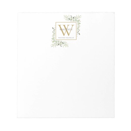 Elegant Greenery Monogram Name Notepad Notizblock (Vorderseite)