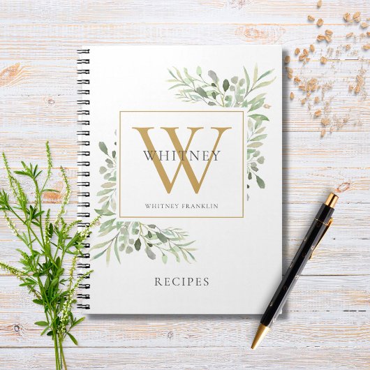Elegant Greenery Monogram Name Rezept Cookbook Notizblock