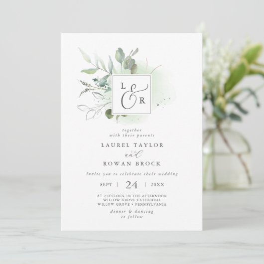 Elegant Greenery Monogram Wedding Einladung (Stehend Vorderseite)